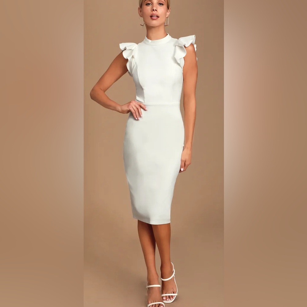 Lulus Stylish Splendor White Backless Ruffle Bodycon Midi Dress in Medium